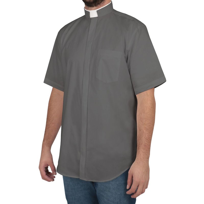 camisa clerical romana manga curta cinza escuro